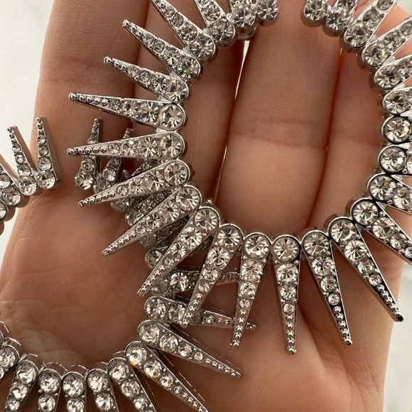 Lux! Silver Spike Rhinestone Hoop Earring – 40mm Statement Sparkle Circle - Picture 11 of 14